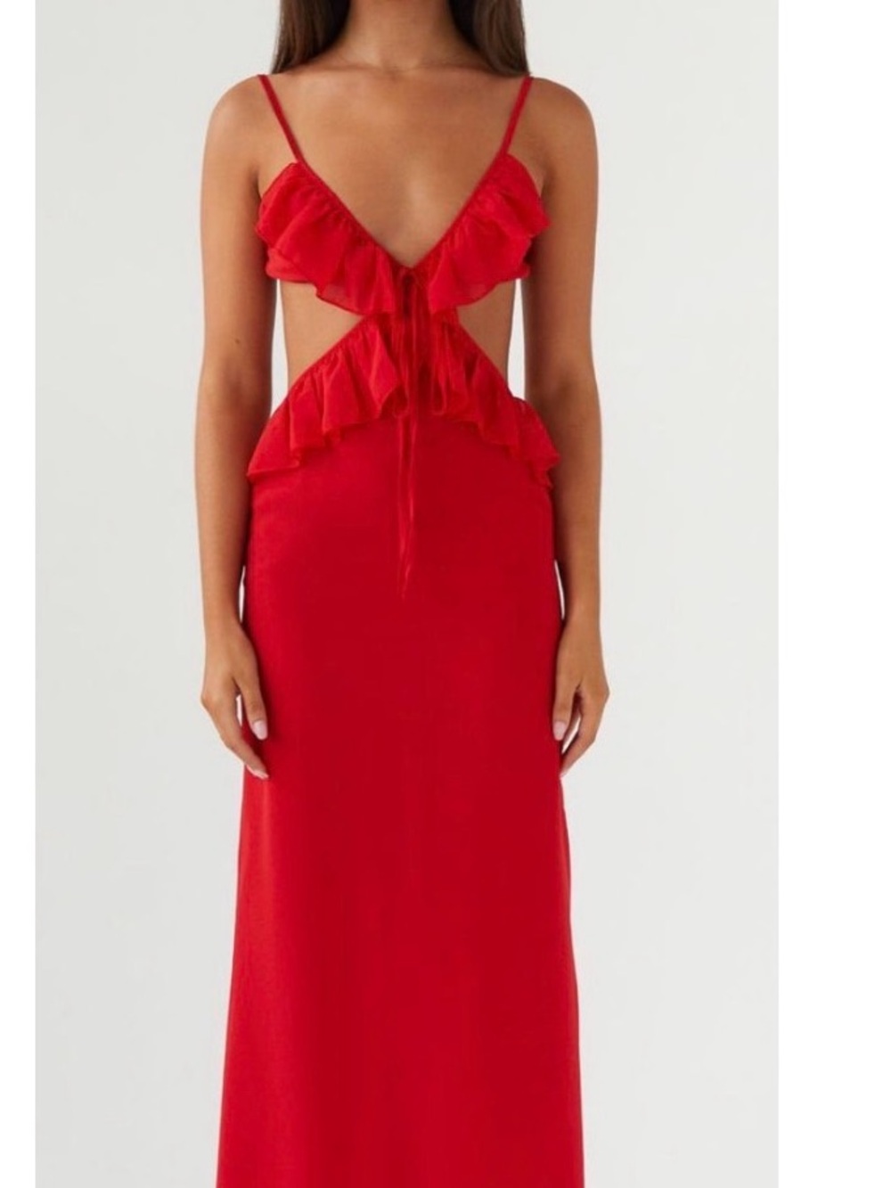 Peppermayo Red Backless Ruffle Cutout Maxi Dress
